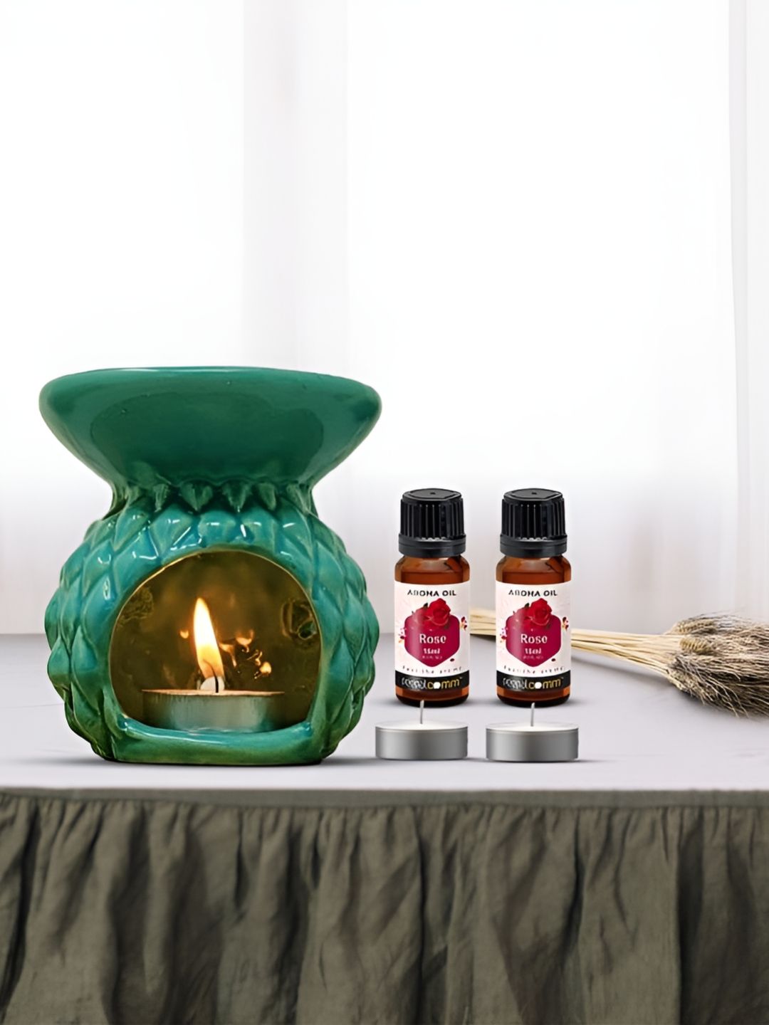 PEEPALCOMM 5Pc Green Texture Ceramic T-Light Burner Diffuser With Aroma Oils 15 ml Each-picture-48