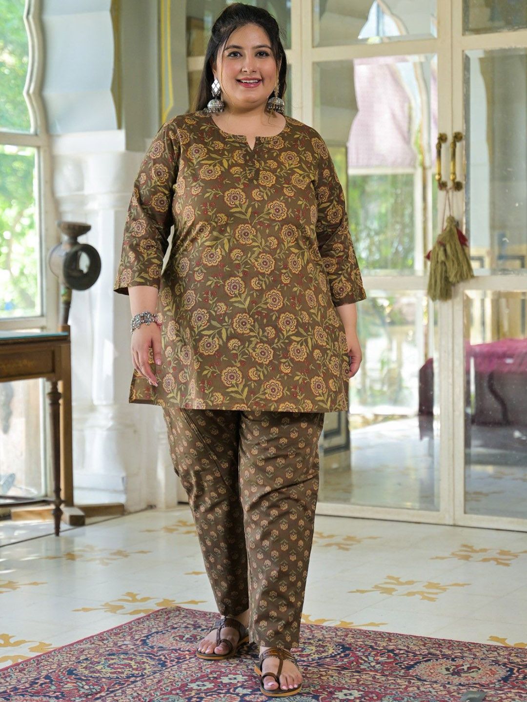 Lee Moda Printed Pure Cotton V-Neck Sleeves Tunic With Trouser Co-Ords-picture-13