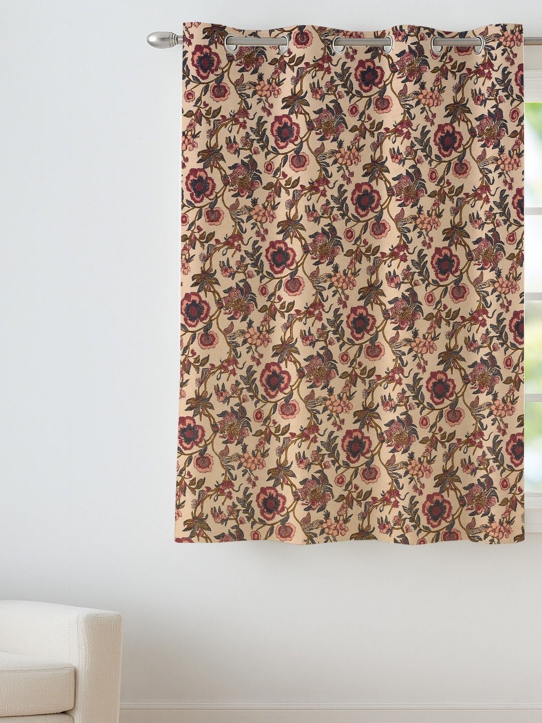 ANA Beige & Red Floral Room Darkening Cotton Window Curtain-image-46