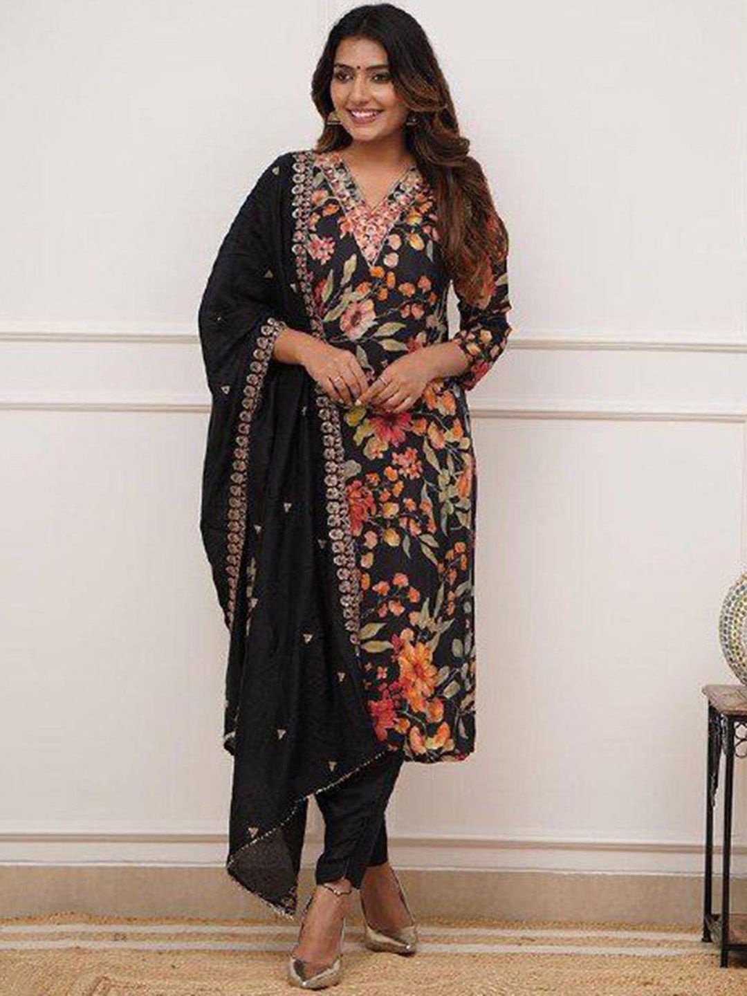 Growdamy Women Floral Embroidered Silk Kurta with Trousers & Dupatta
