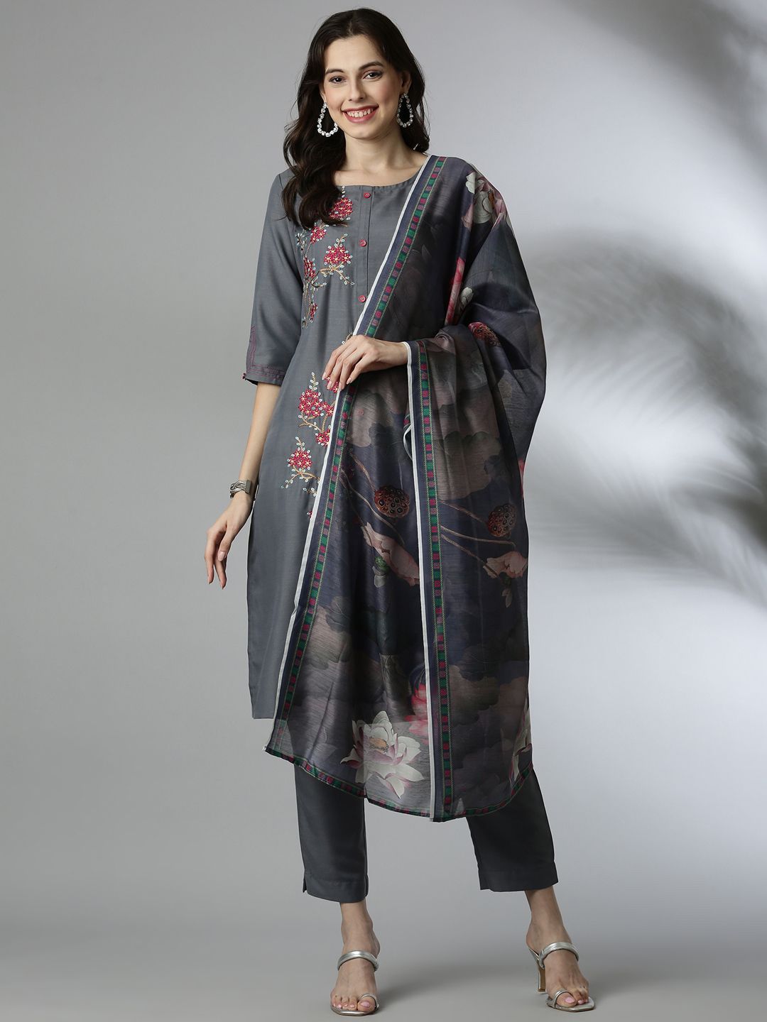 Anouk Women Embroidered Calf Length Regular Straight Kurta with Trousers & With Dupatta