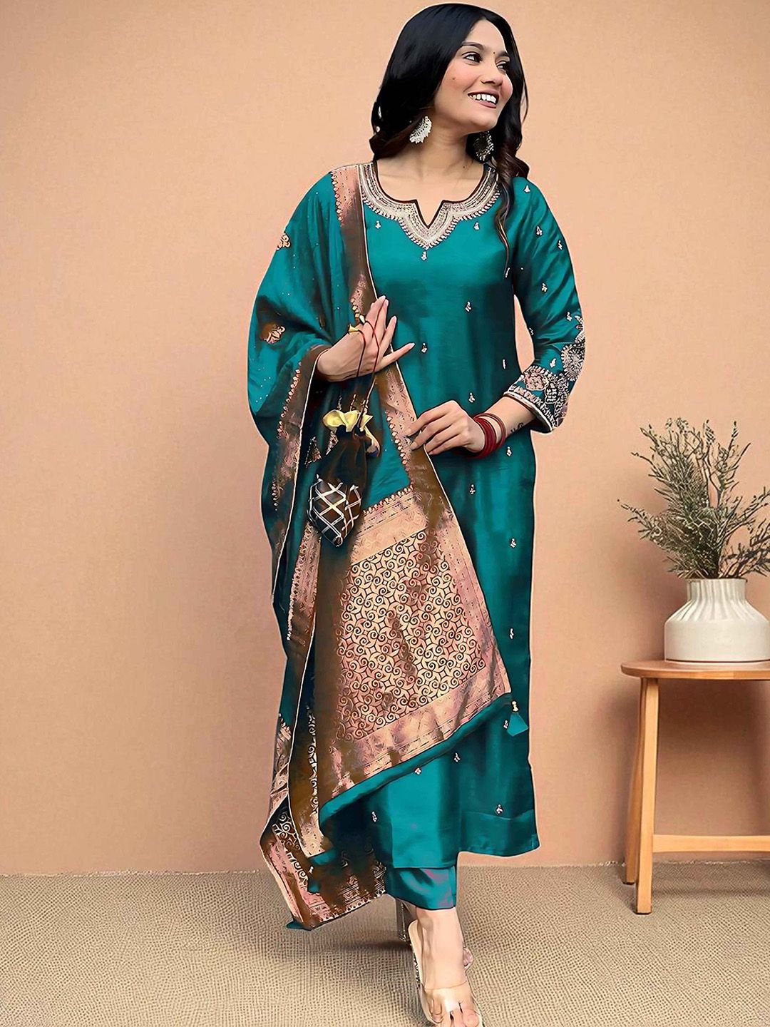 Sangria Women Embroidered Straight Kurta Pyjama & Dupatta