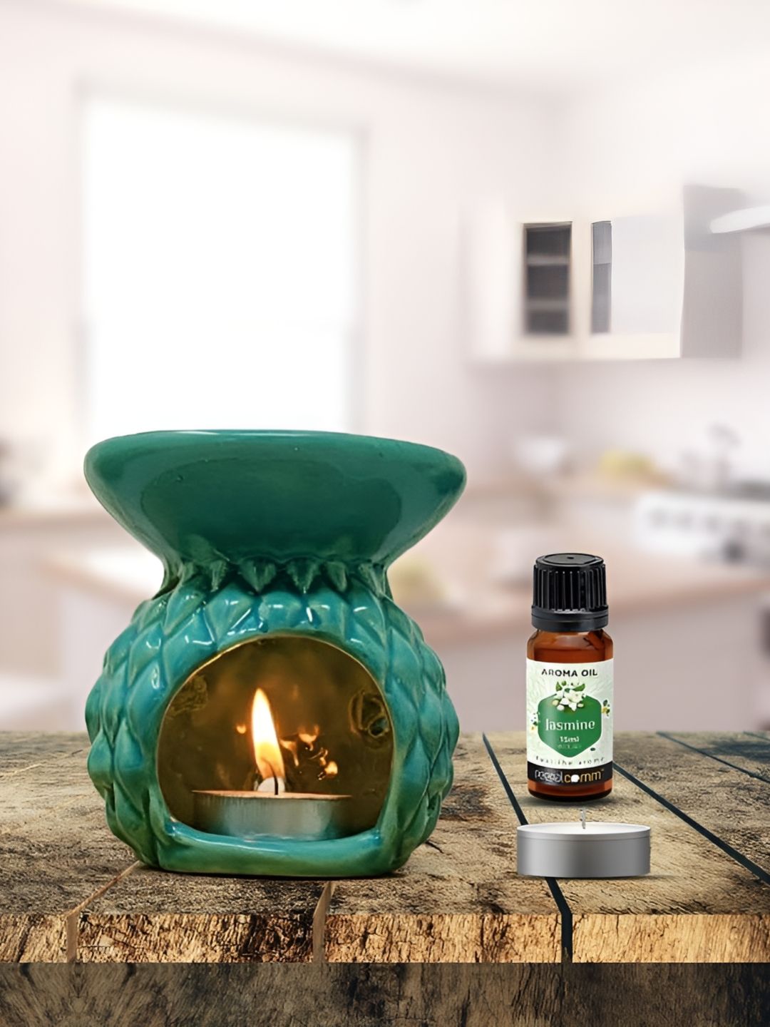 PEEPALCOMM 4Pcs Green Textured T- Light Candles Diffuser With Jasmine Oil - 15 ml-picture-9