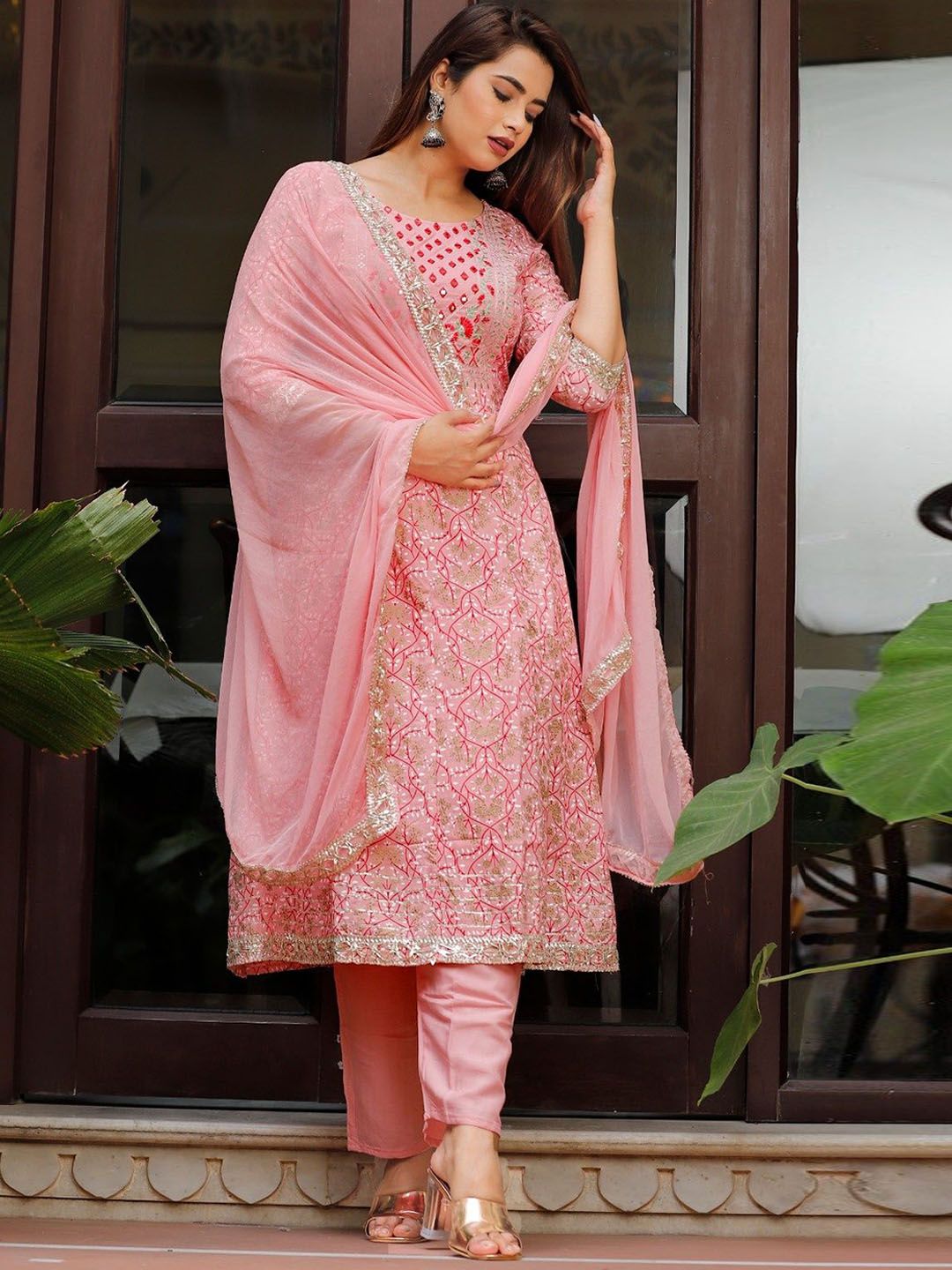 SHALIG Women Ethnic Motifs Embroidered Regular Mirror Work Kurta with Trousers & Dupatta