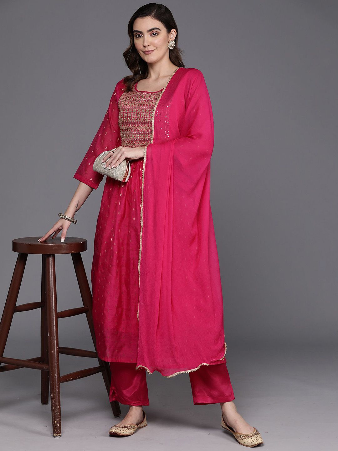 Anouk Embroidered Empire Sequinned Chanderi Silk Kurta With Trousers & Dupatta