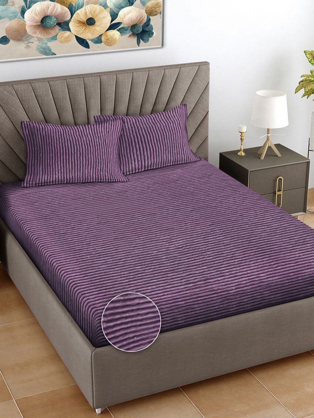 Myntra Elegant Homes Purple Striped 300 TC King Bedsheet with 2 Pillow Covers-image-35