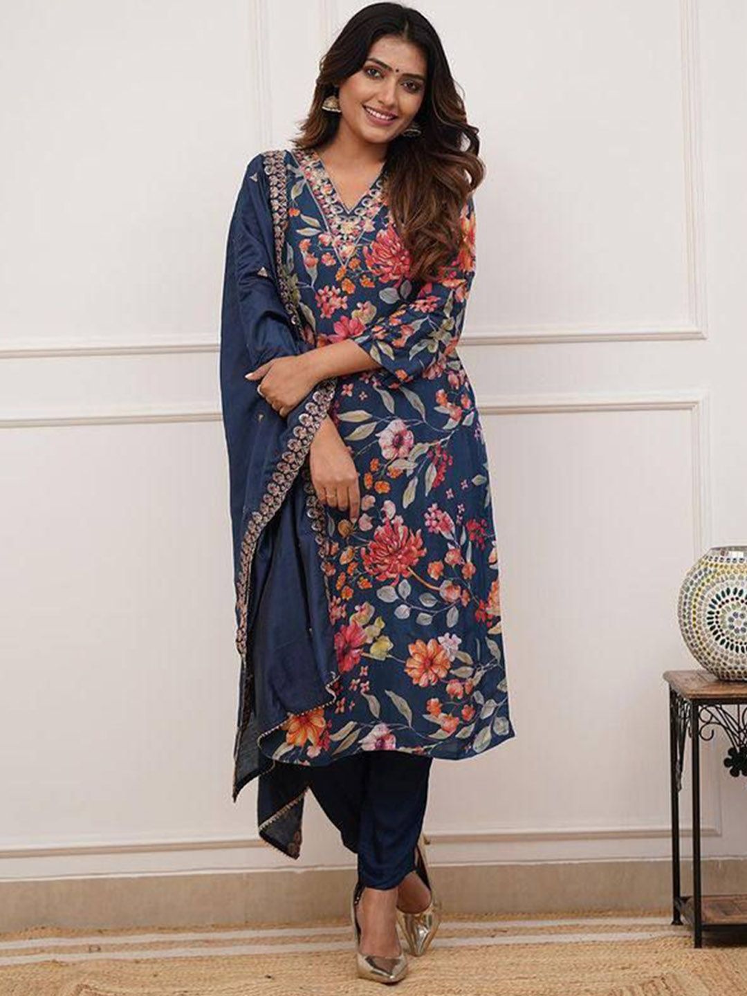 Growdamy Women Floral Embroidered Pure Silk Kurta with Trousers &  Dupatta
