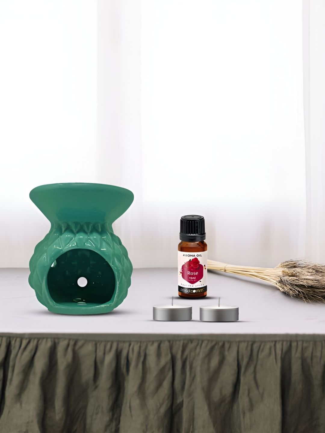 PEEPALCOMM 4Pcs Green Textured T- Light Candles Diffuser With Rose Oil - 15 ml-picture-16