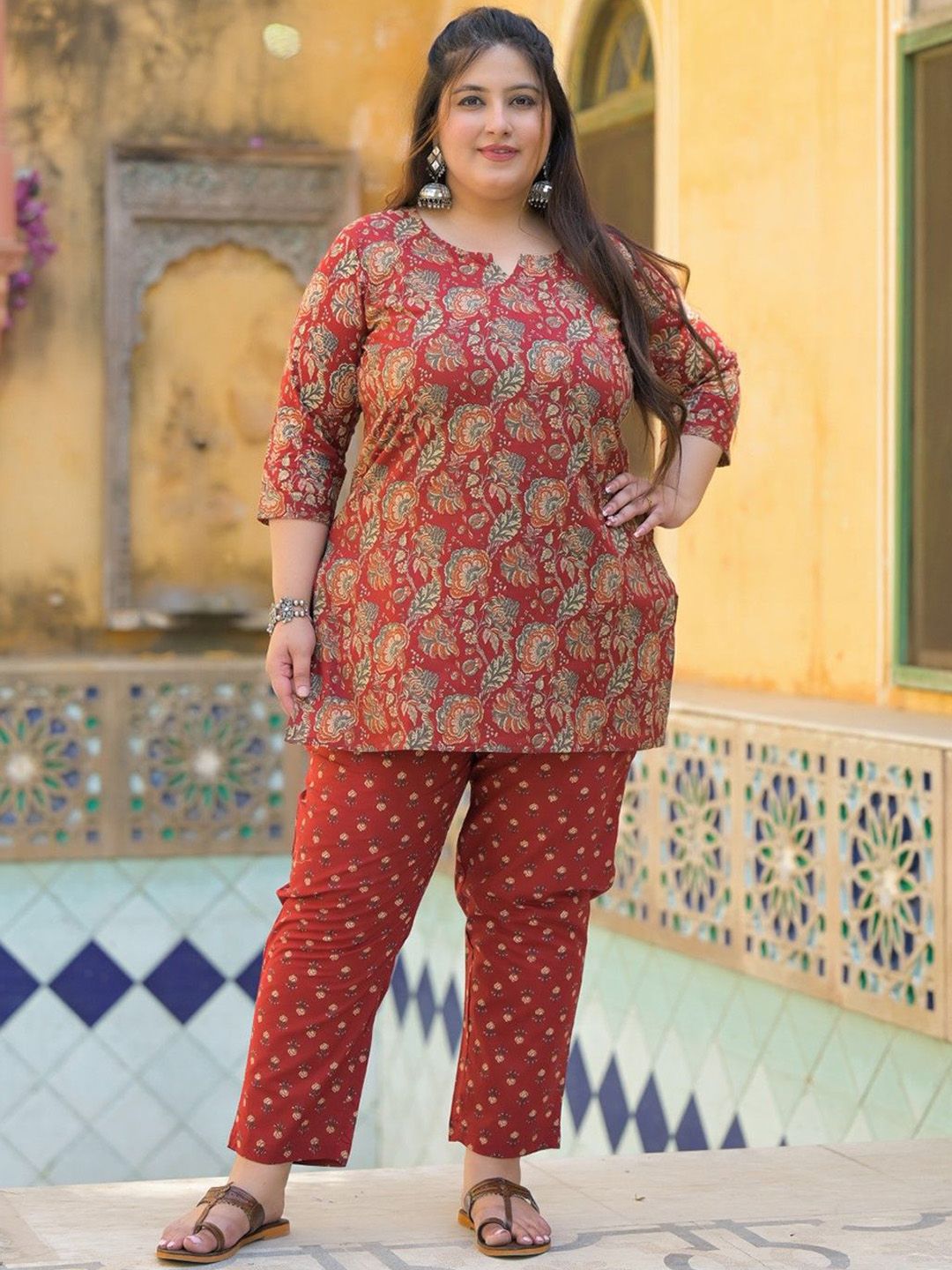 Lee Moda Printed Pure Cotton V-Neck Three Fourth Sleeve Plus Size Tunic & Trouser Co-Ord-picture-12