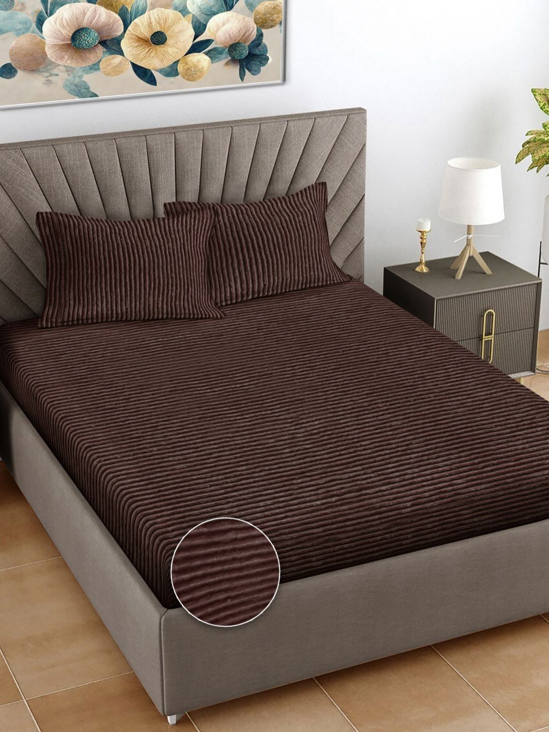Myntra Elegant Homes Coffee Brown Striped 300 TC King Bedsheet with 2 Pillow Covers-image-17