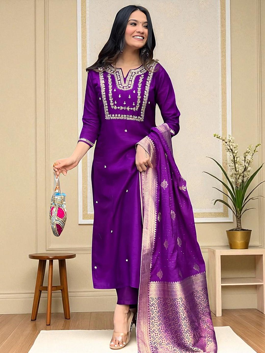 Sangria Women Floral Embroidered Cotton Kurta with Trousers & Dupatta