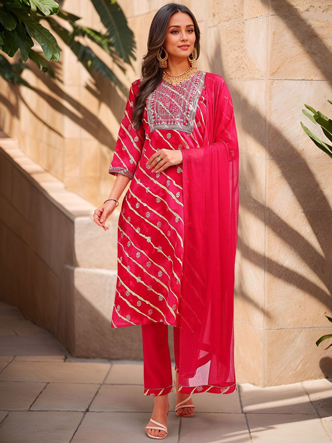 Banwaree Leheriya Printed Thread Work Pure Cotton Straight Kurta With Trousers & Dupatta