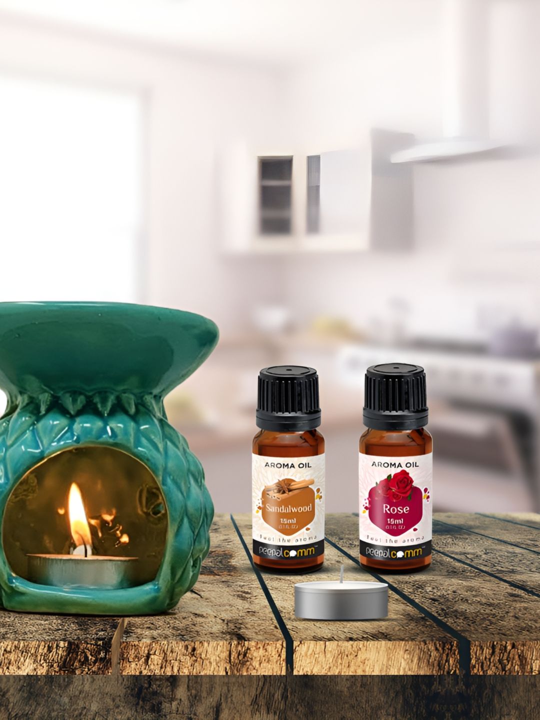 PEEPALCOMM 4Pc Green Texture Ceramic T-Light Burner Diffuser With Scented Aroma Oils-15 ml-picture-14