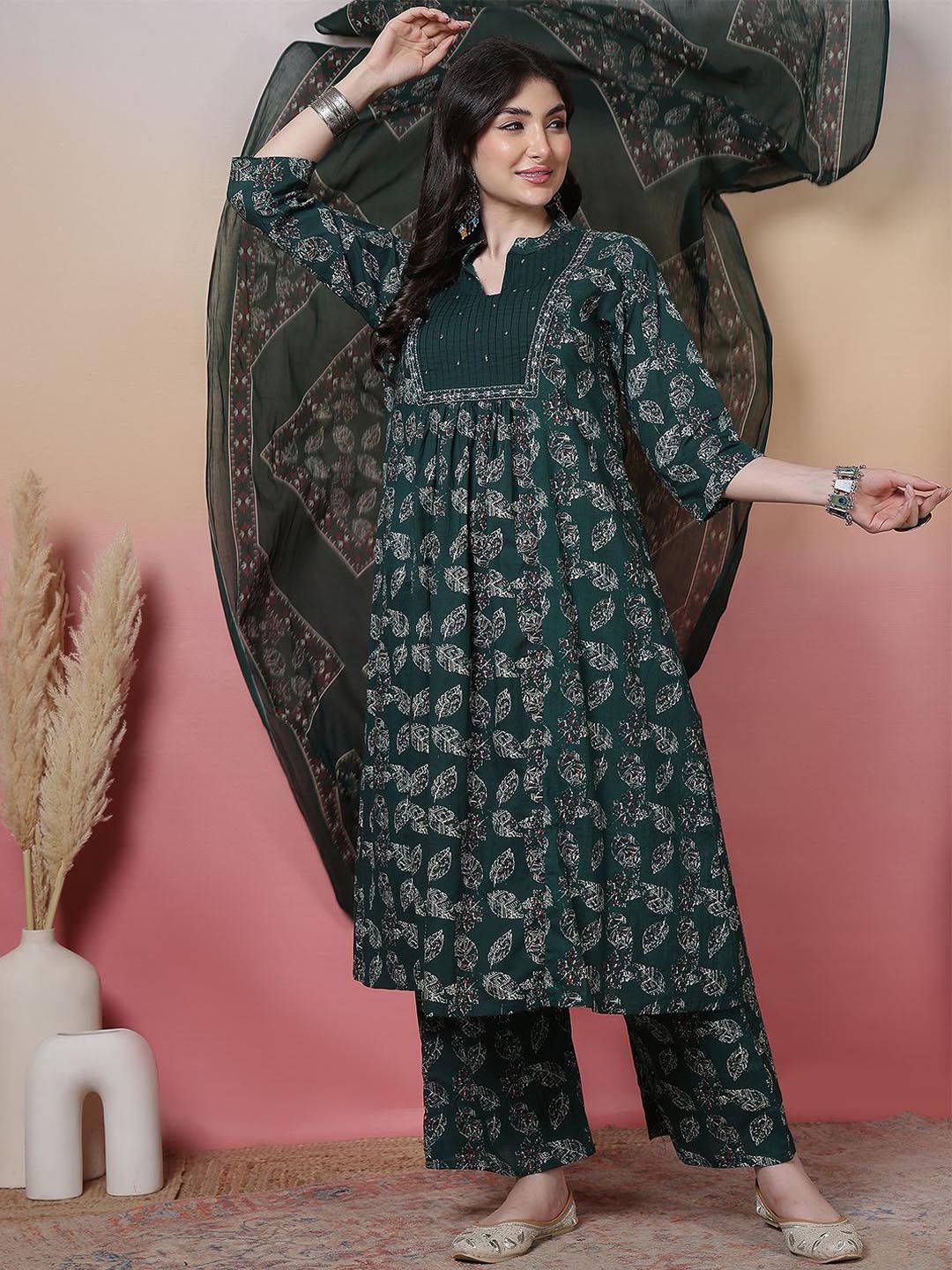 Sangria Women Floral Printed Pure Cotton Anarkali Kurta With Trouser & Dupatta