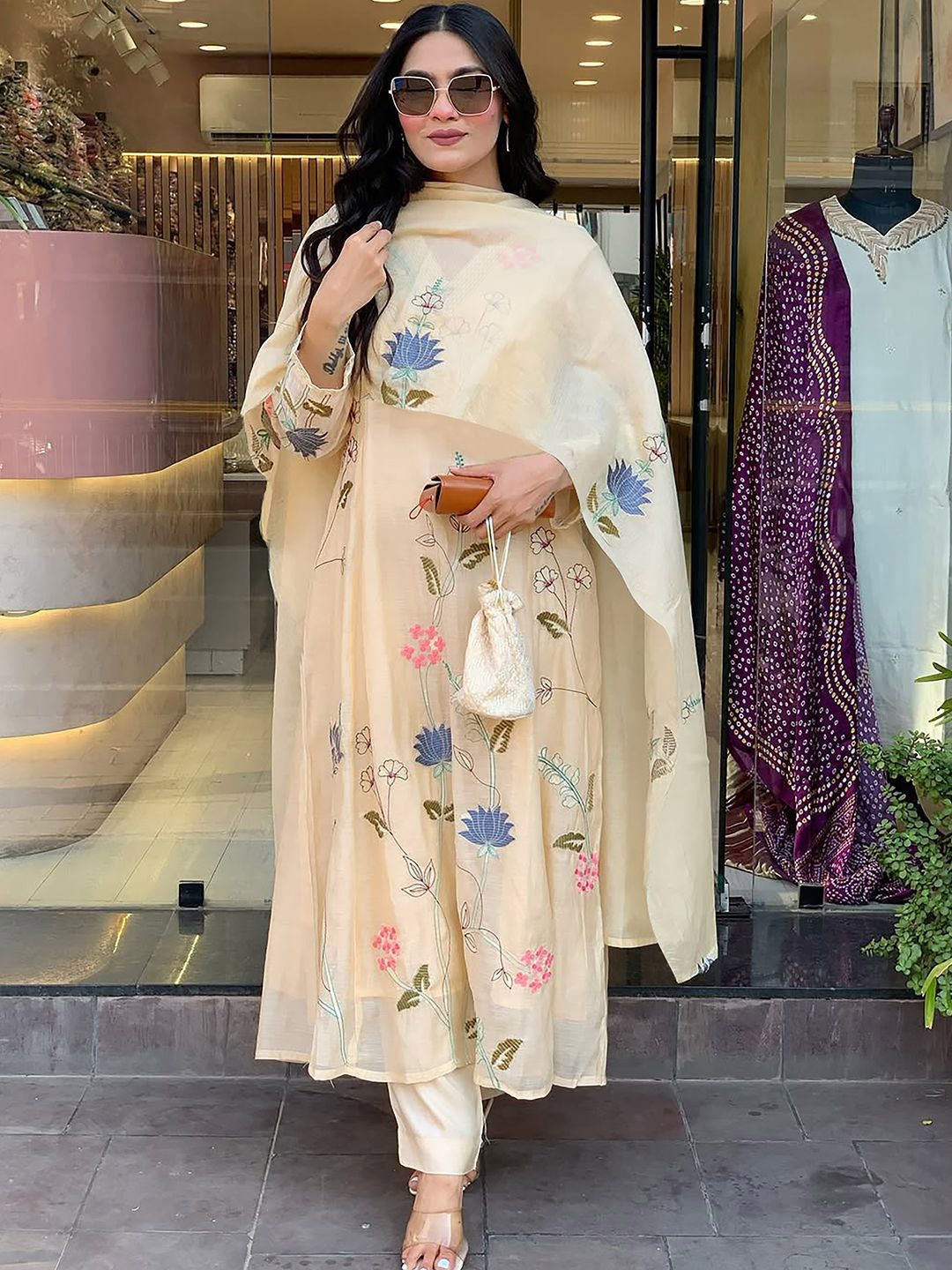 KALINI Floral Printed A-Line Kurta With Trouser & Dupatta