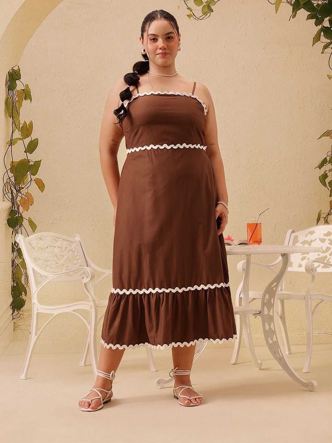 CURVY STREET Women Plus Size Cotton Shoulder Straps A-Line Boho Midi Dress