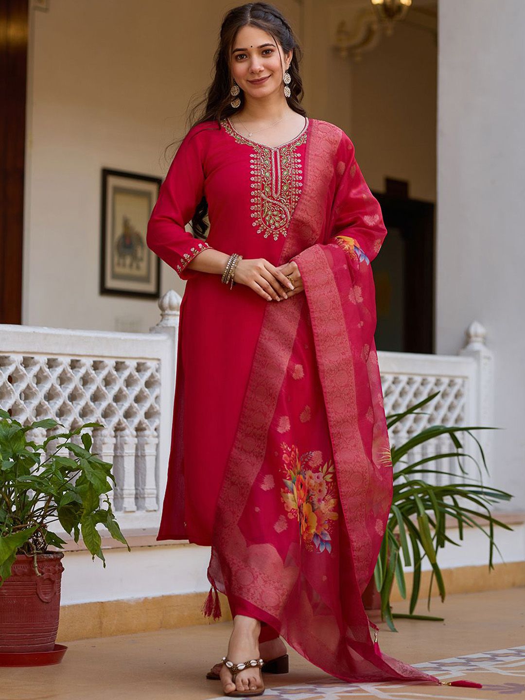 BlueRang Embroidered Round Neck Beads and Stones Straight Kurta With Trousers & Dupatta