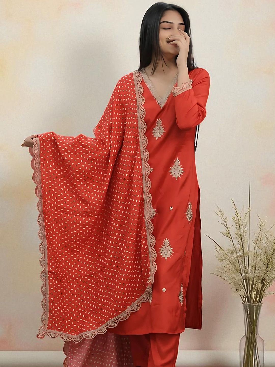 Sangria Women Floral Embroidered Kurta with Pyjamas & Dupatta