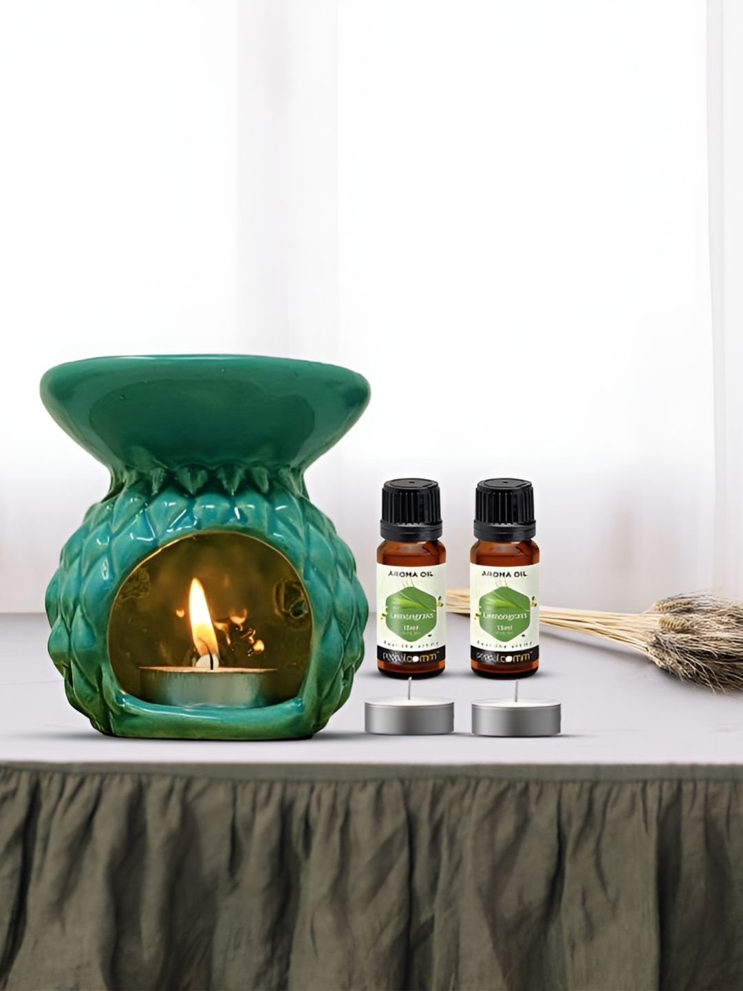 PEEPALCOMM 3Pc Green Texture Ceramic T-Light Burner Diffuser & Aroma Oils 15 ml Each-picture-34