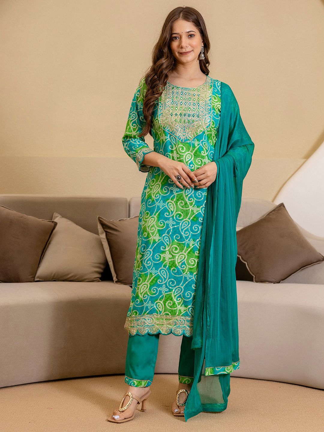 SKYLEE Bandhani Printed Round Neck Mirror Work Straight Kurta With Trousers & Dupatta-image-17