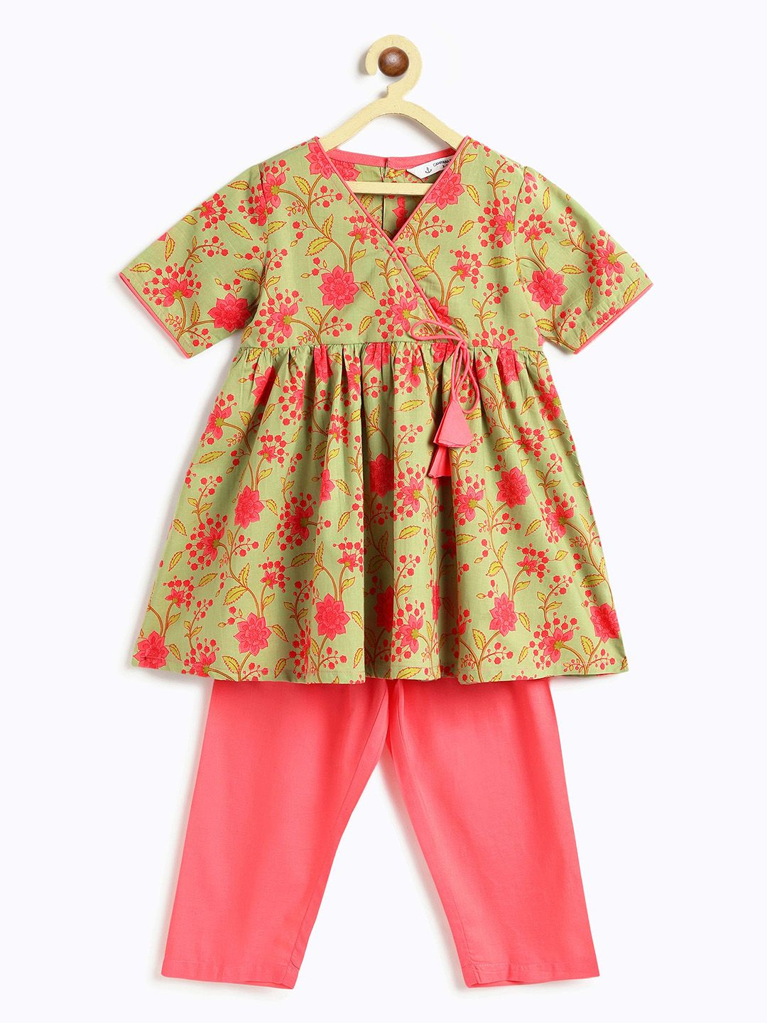 Campana Girls Floral Printed Angrakha Pure Cotton Kurta with Trousers-picture-16