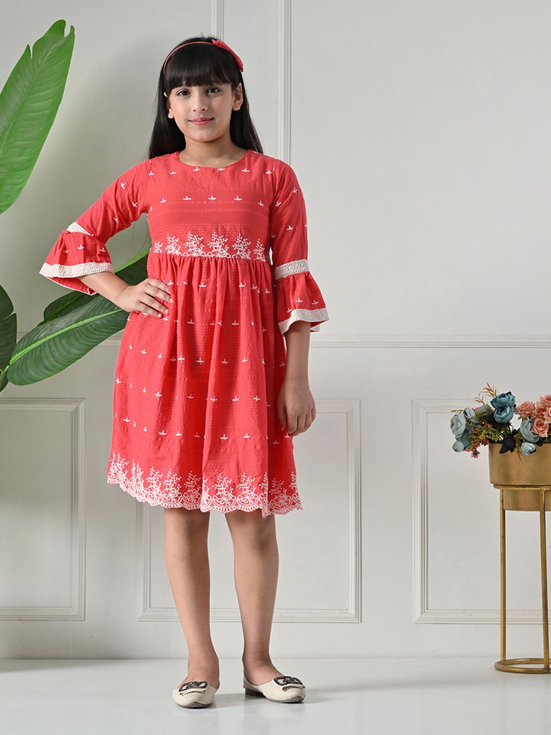 Bella Moda Girls Cotton Floral Embroidered Bell Sleeve Fit & Flare Dress-picture-49