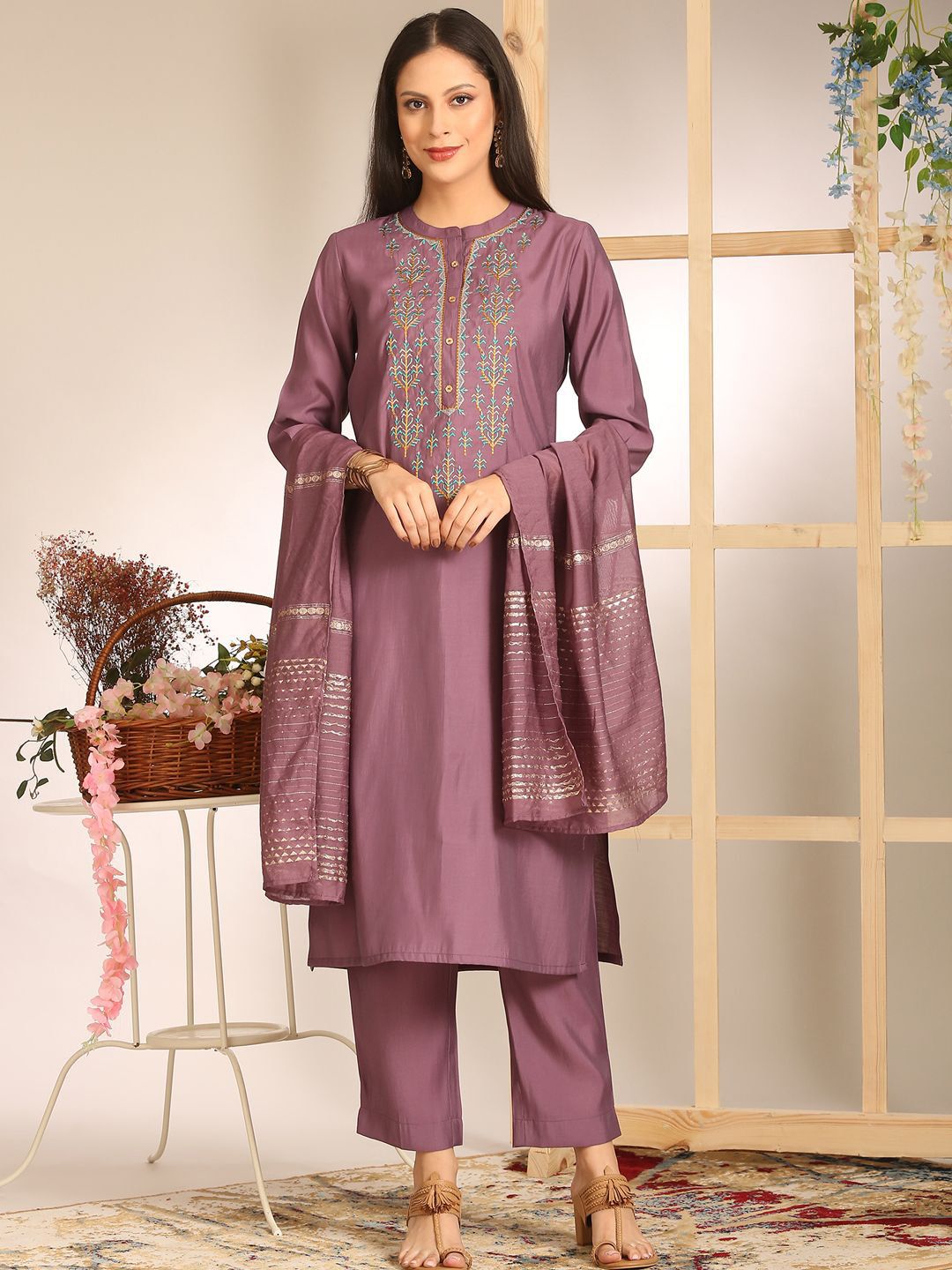 Anouk Floral Embroidered Regular Thread Work Kurta with Trousers & With Dupatta