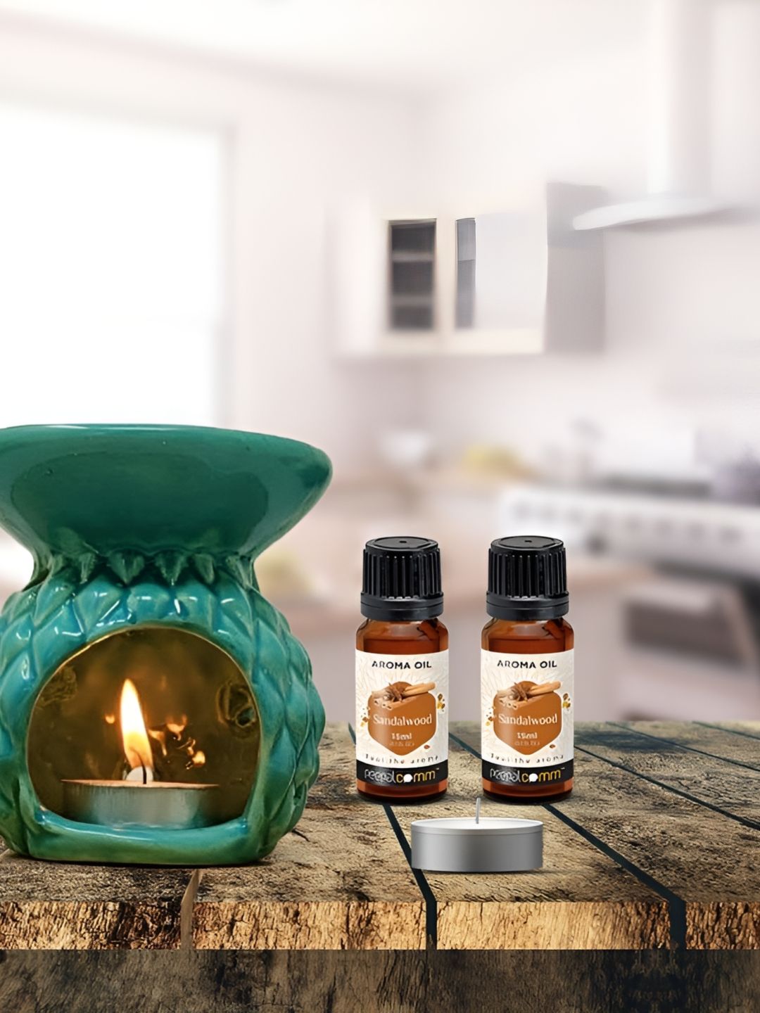 PEEPALCOMM 5Pcs Green Textured T- Light Candles Diffuser With Sandalwood Oils - 15 ml Each-picture-25