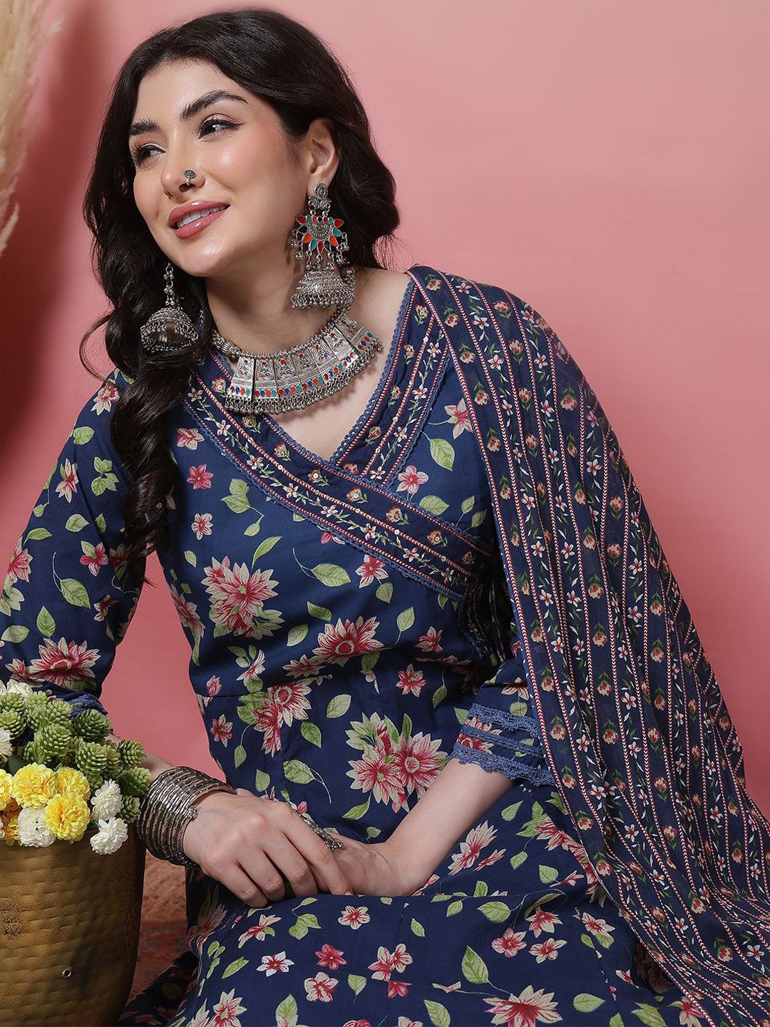 Sangria Women Floral Printed Cotton Anarkali Kurta with Trousers & Dupatta