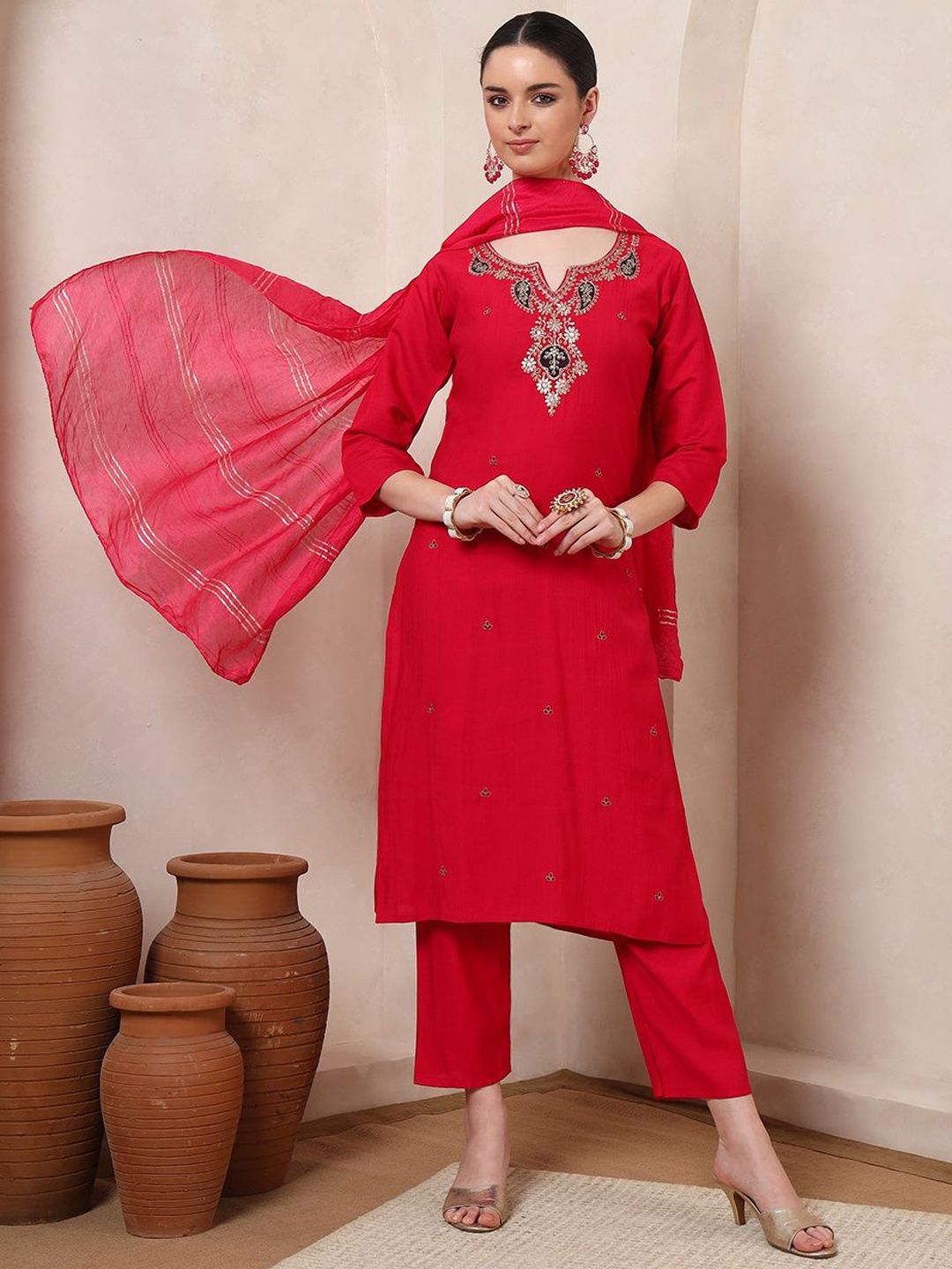 KALINI Women Ethnic Motifs Regular Sequinned Kurta with Trousers &  Dupatta