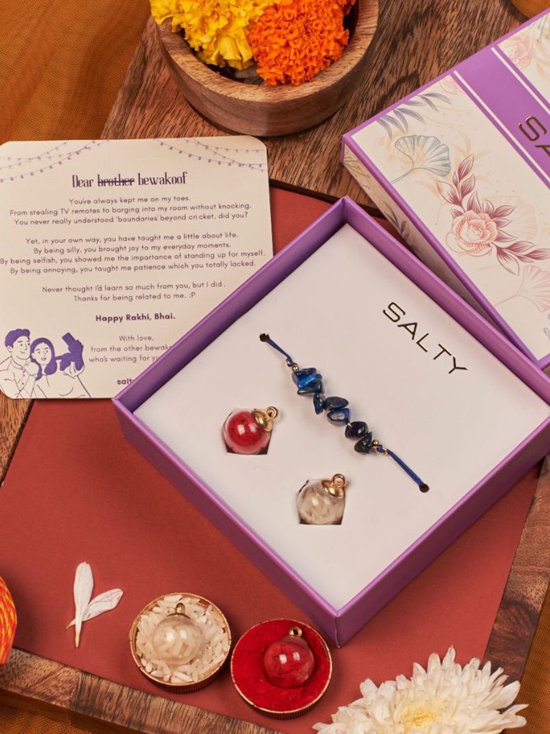 SALTY Set Of 4 Sodalite Growth Dhaga Rakhis With Greeting Card & Roli Chawal-image-3