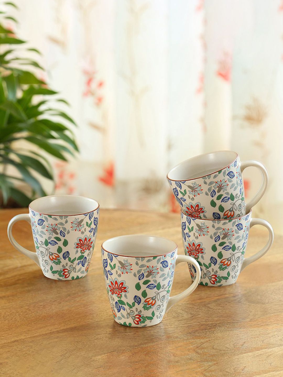 ExclusiveLane White & Blue 4 Pieces Floral Printed Ceramic Matte Mugs\-picture-20