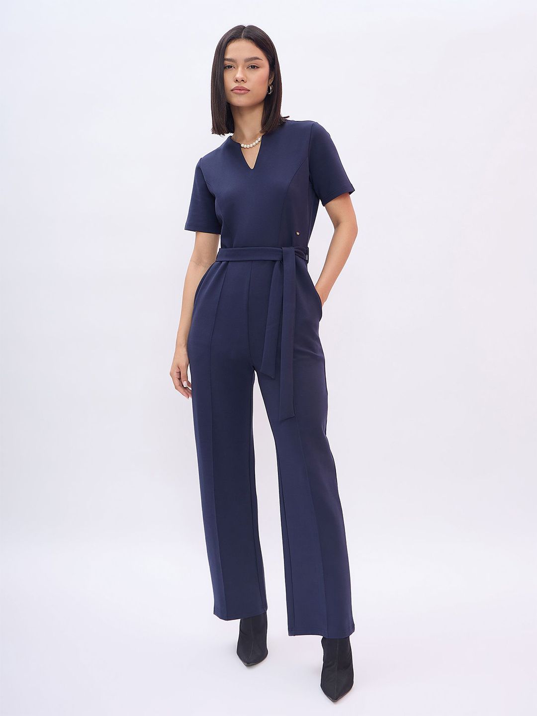 ELLE Women Solid Short Sleeves V-Neck Jumpsuit-image-12