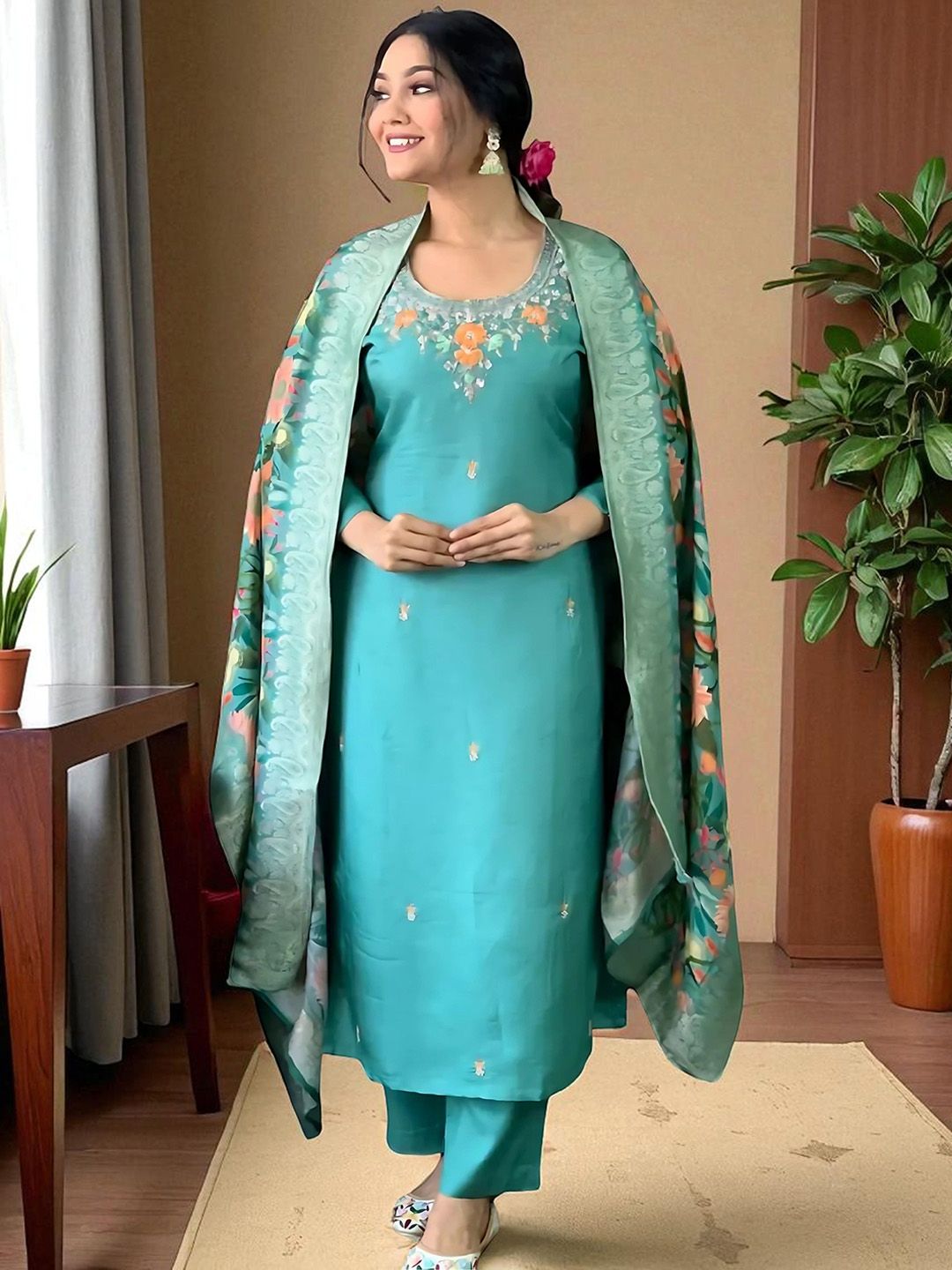 Sangria Floral Embroidered Thread Work Straight Kurta With Trouser And Dupatta