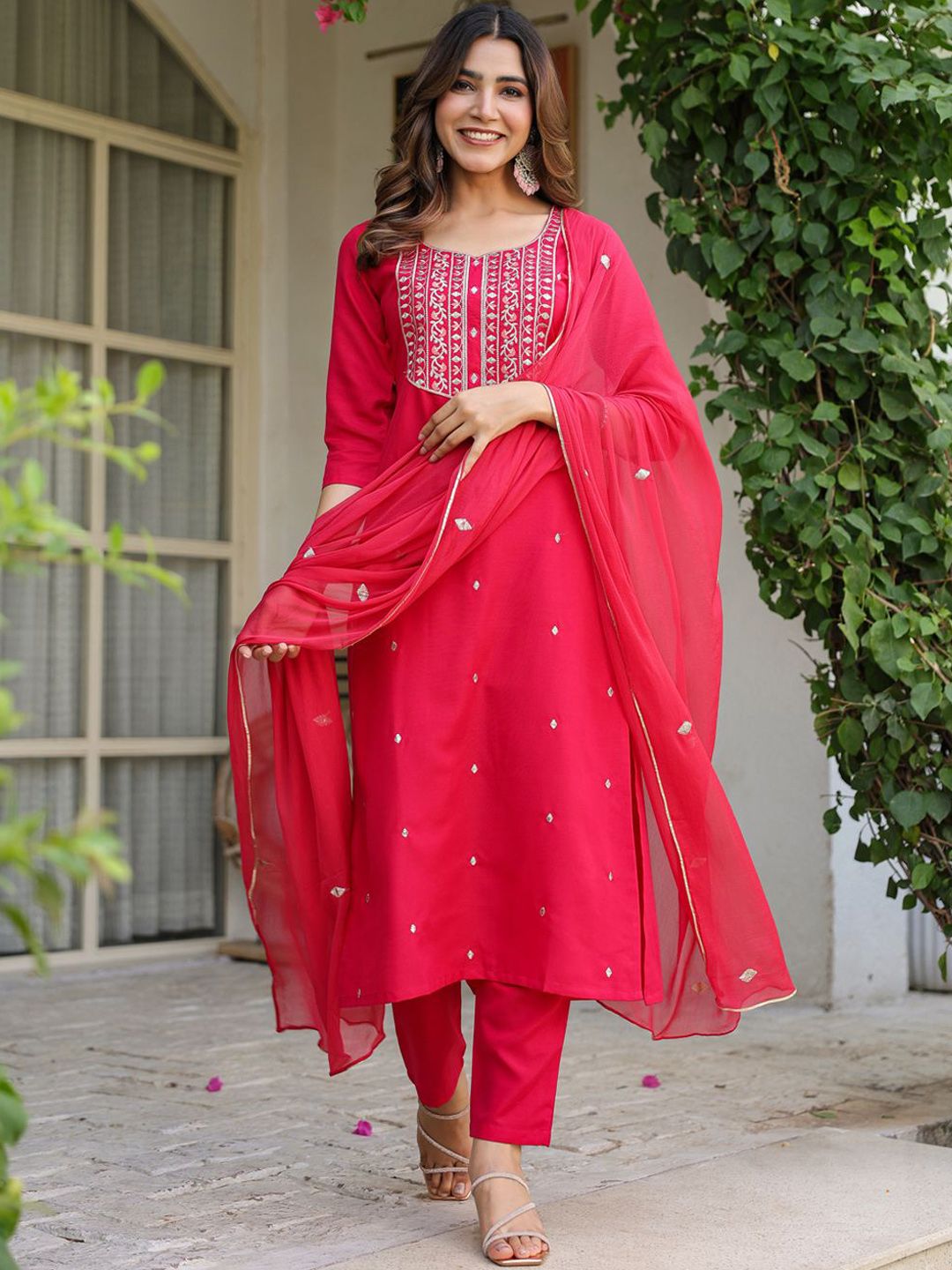 KALINI Floral Embroidered Straight Thread Work Kurta With Trouser & Dupatta