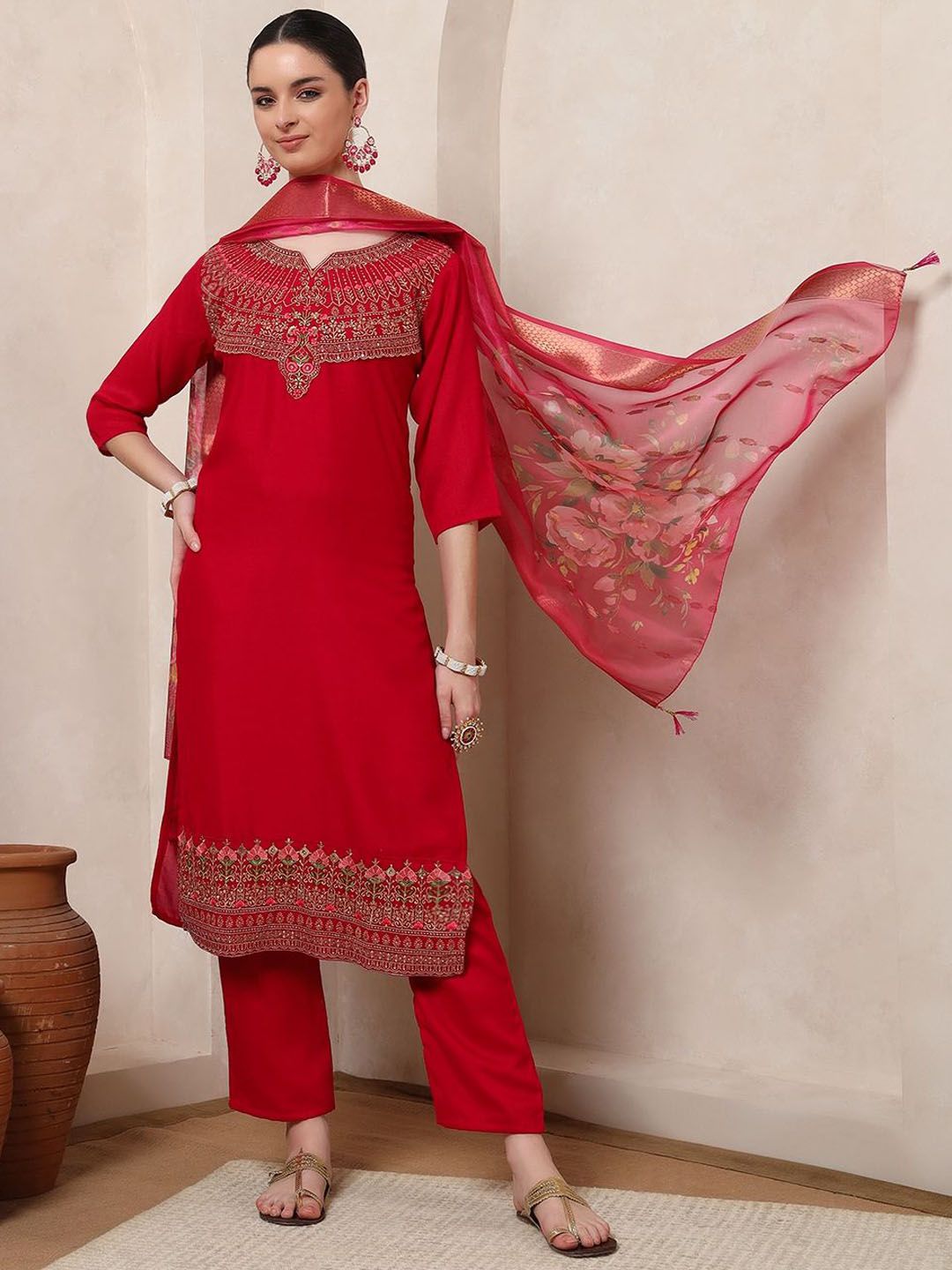Nehamta Ethnic Motifs Printed Round Neck Straight Sequinned Kurta With Trousers & Dupatta