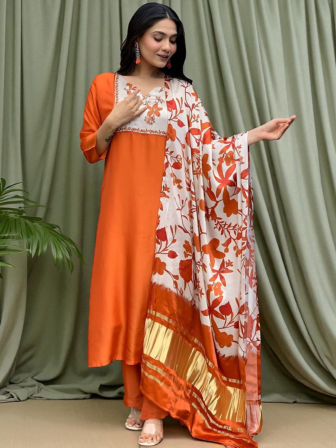 Sangria Women Floral Printed Cotton Anarkali Kurta with Trousers & Dupatta