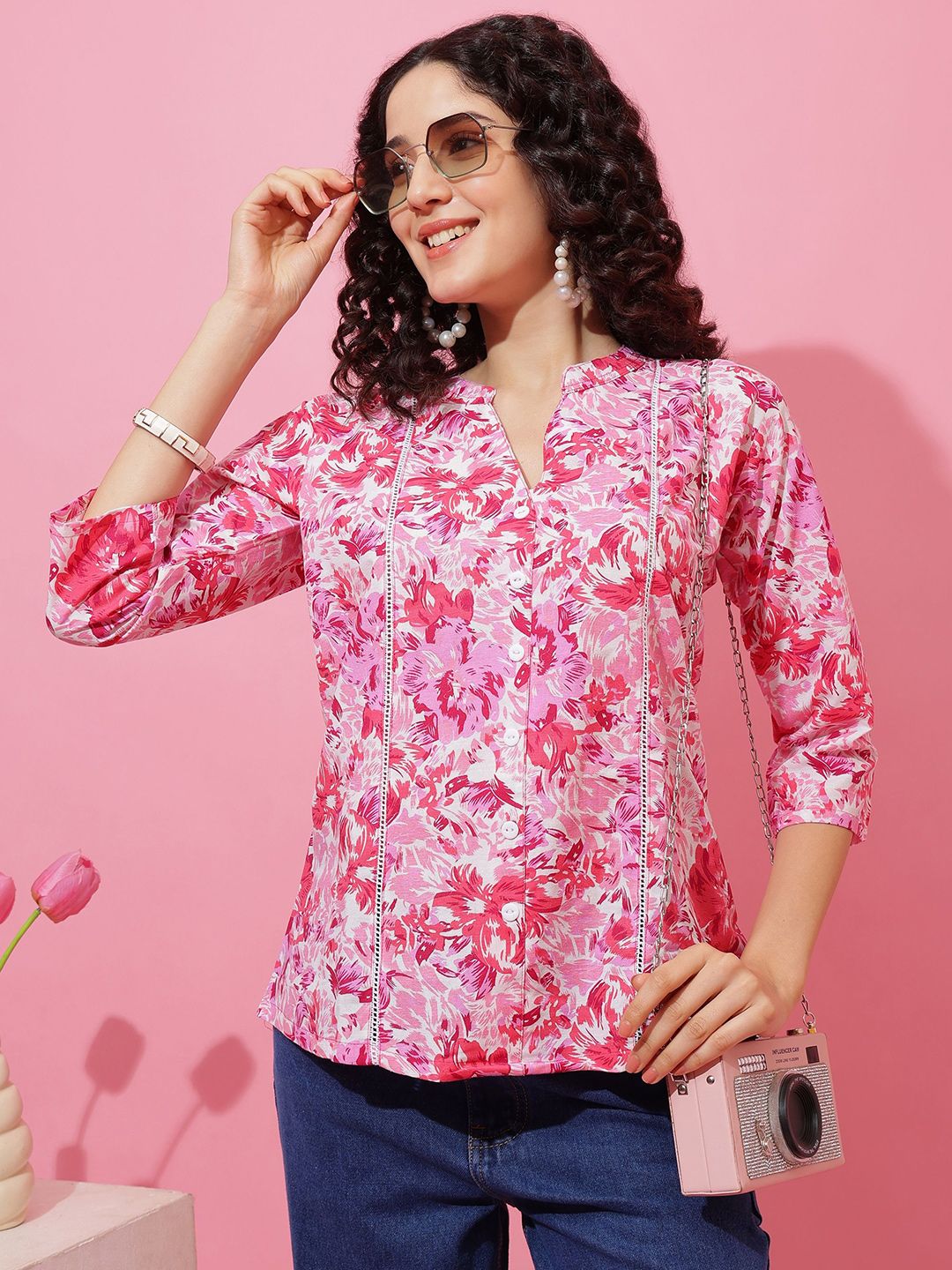De La Moda Women Floral Printed Mandarin Collar Shirt Style Top-picture-24