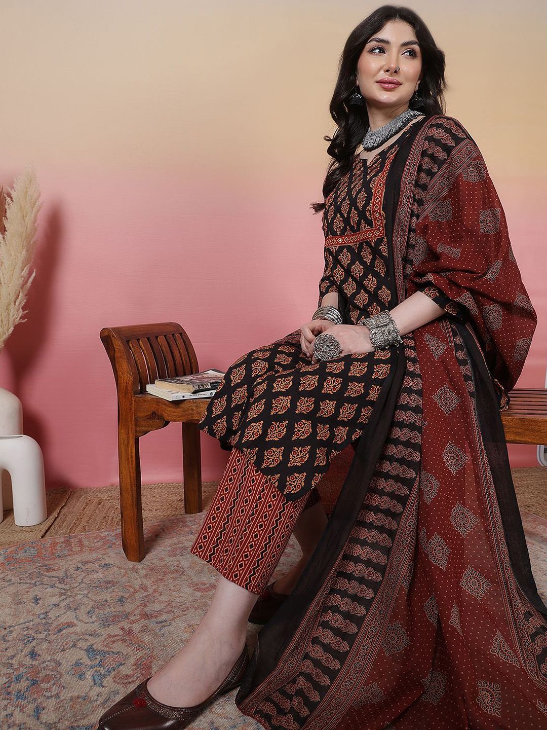 Sangria Hand Floral Printed Notch Neck Pure Cotton Straight Kurta With Trouser & Dupatta