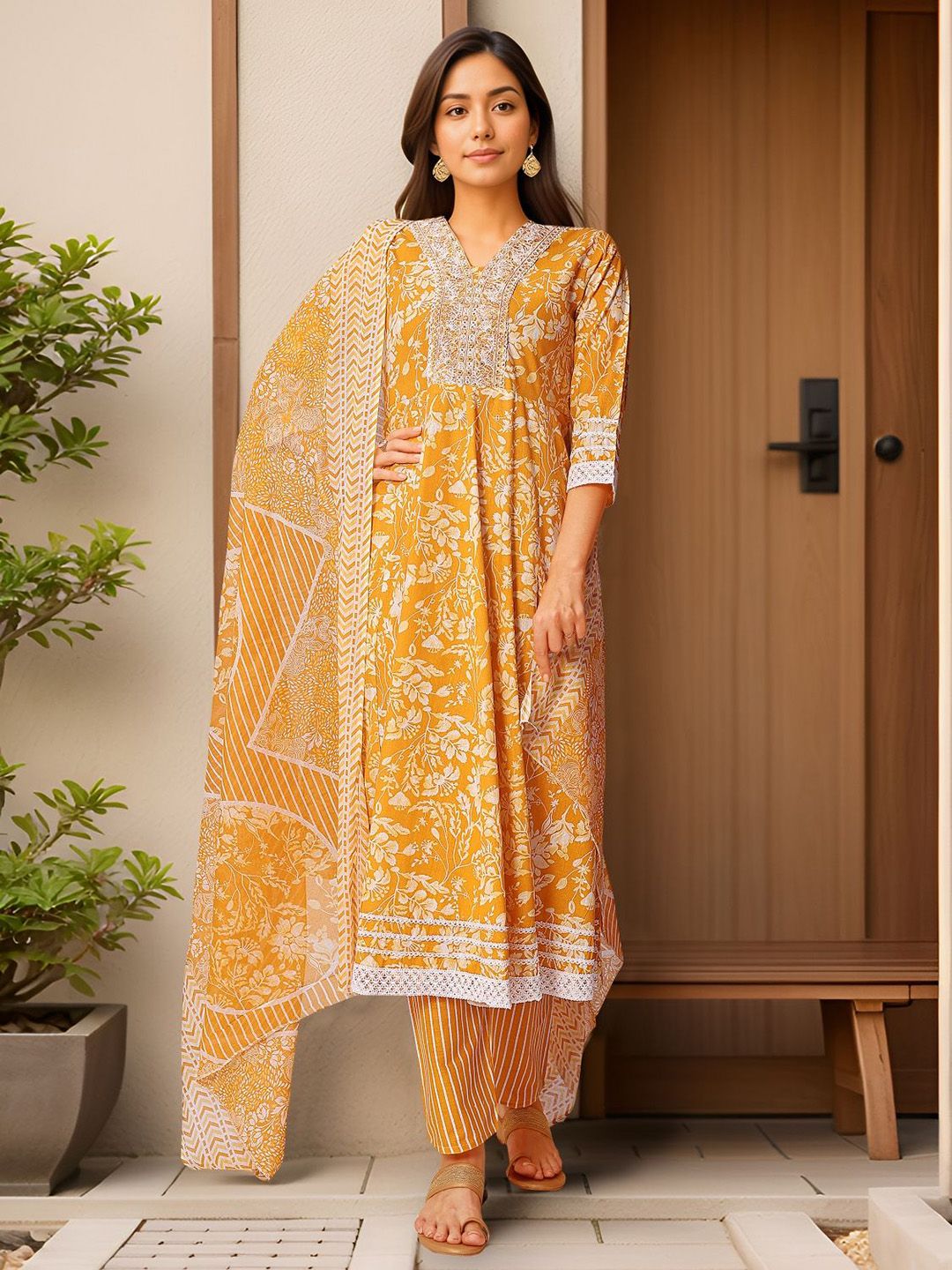 Banwaree Women Printed Sequinned Pure Cotton Kurta with Trousers & Dupatta Kurta Sets