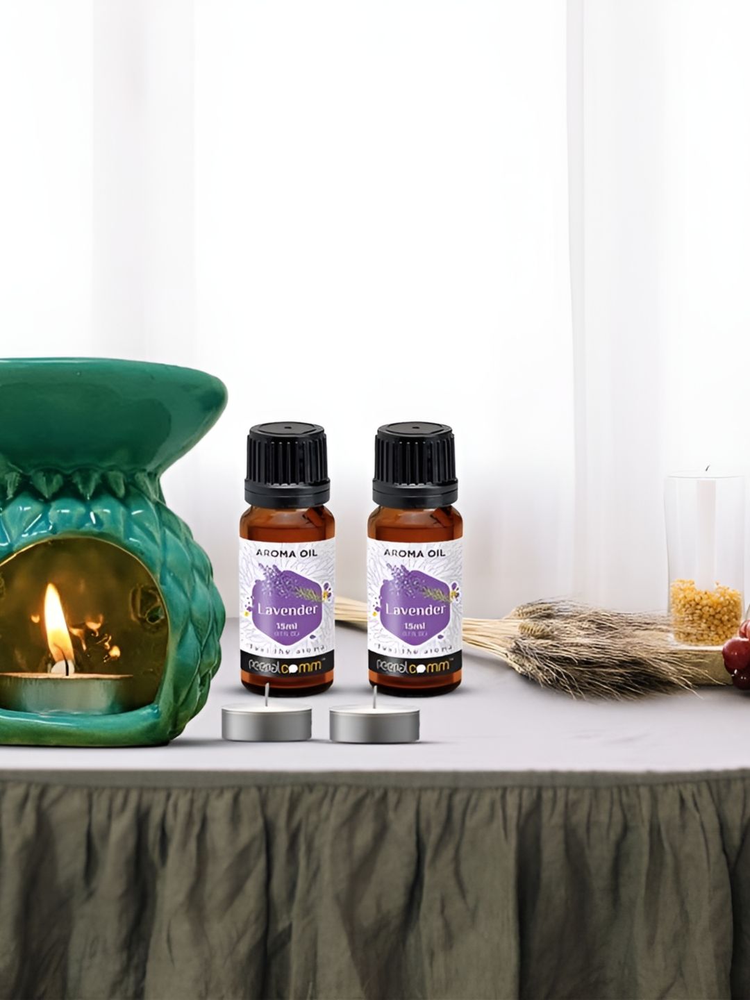 PEEPALCOMM 5Pc Green Texture Ceramic T-Light Burner Diffuser & Aroma Oils 15 ml Each-image-13
