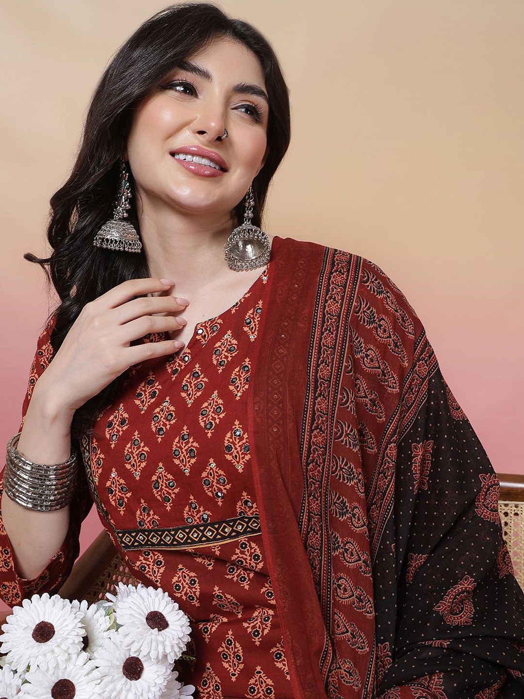 Sangria Floral Printed Notch Neck Pure Cotton Straight Kurta With Trouser & Dupatta