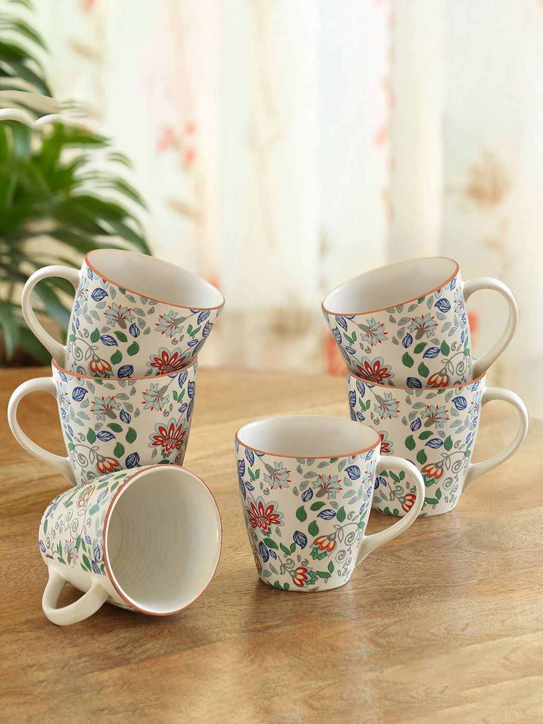 ExclusiveLane White & Green 6 Pieces Floral Printed Ceramic Matte Mugs-picture-51