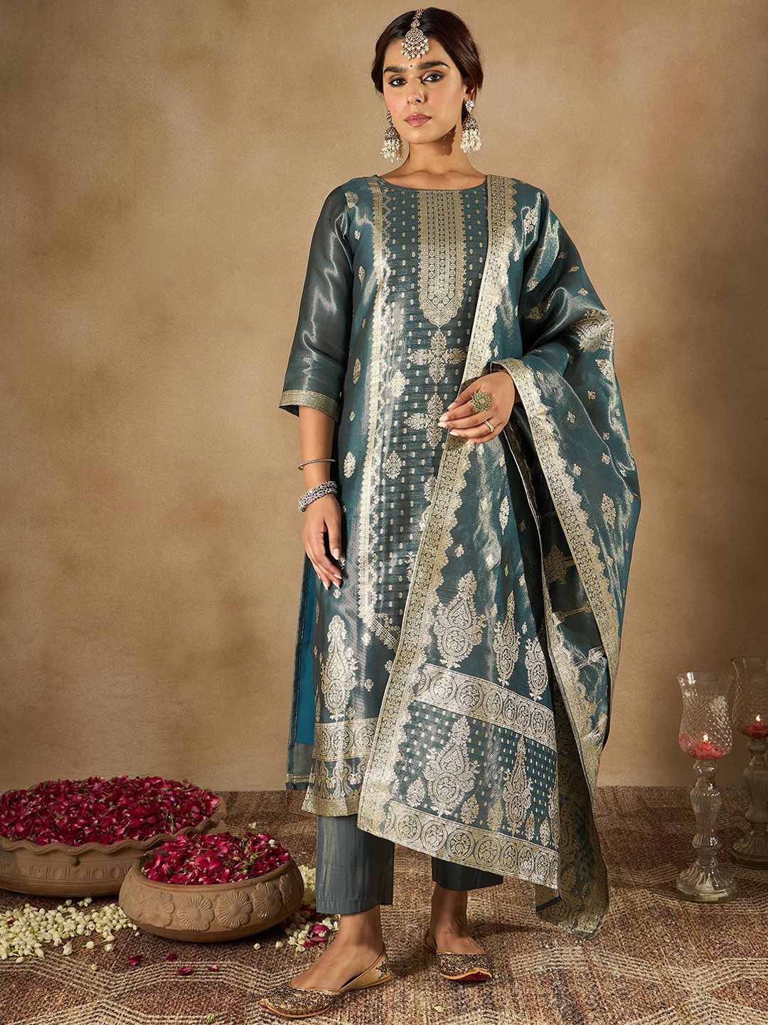 Anouk Ethnic Motifs Zari Kurta with Trousers & With Dupatta