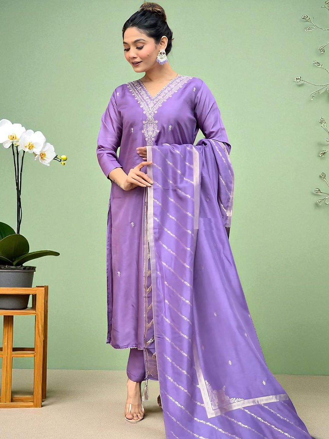 Sangria Women Floral Embroidered Cotton Kurta with Trousers & Dupatta