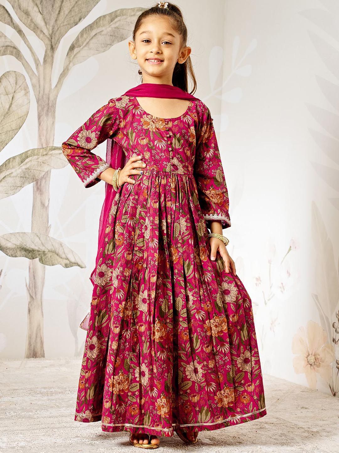 VASTRAMAY Girls Floral Printed Pure Cotton Anarkali Kurta With Pyjamas & Dupatta-picture-13