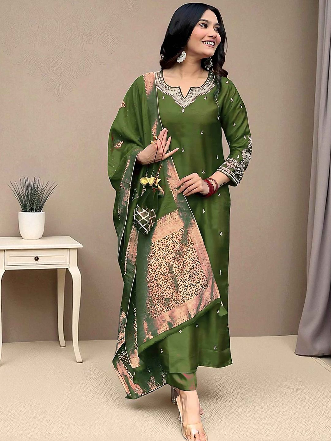 Sangria Floral Embroidered Sequinned Straight Kurta with Pyjama & Dupatta