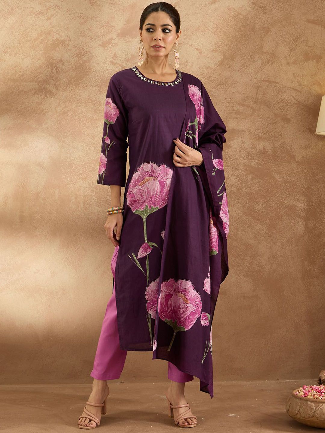 Anouk Women Floral Printed Beads and Stones Pure Cotton Kurta with Trousers & Dupatta