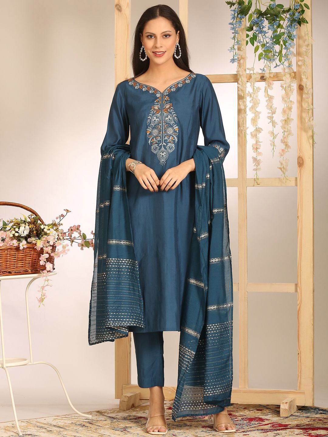 Anouk Women Embroidered Calf Length Regular Straight Kurta with Trousers & With Dupatta