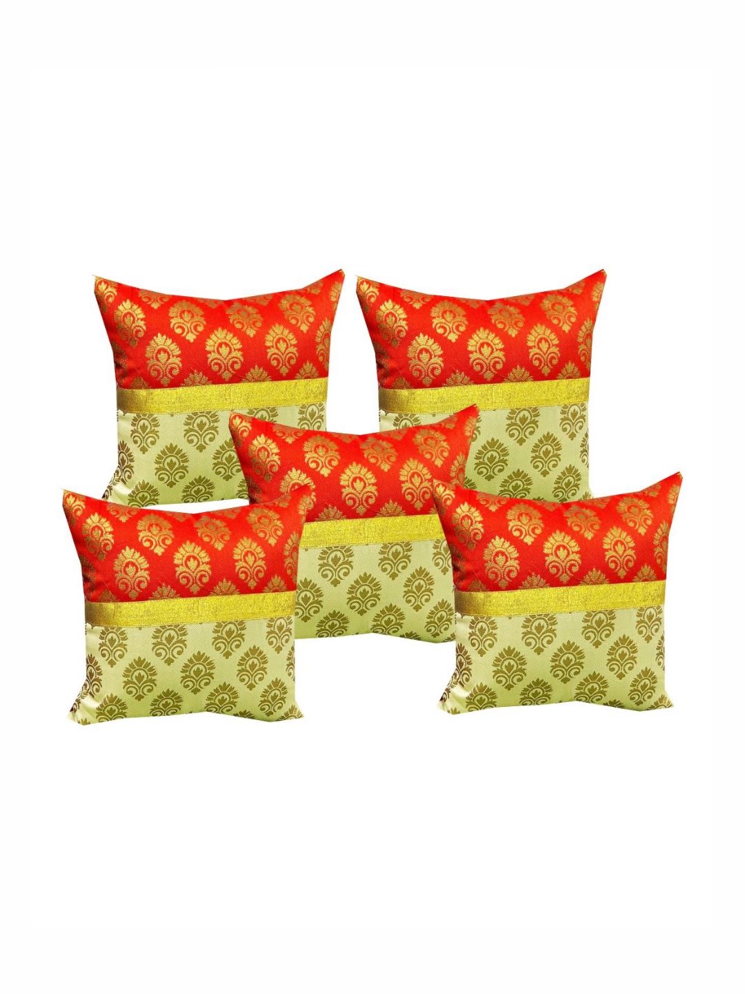 Pink Parrot Red & Yellow 5 Pieces Printed Zari Jacquard Silk Square Cushion Covers-picture-15